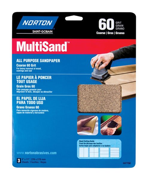 Papel de lija multiusos de óxido de aluminio Norton MultiSand de 11 pulg. de largo y 9 pulg. de ancho, grano 60, paquete de 3