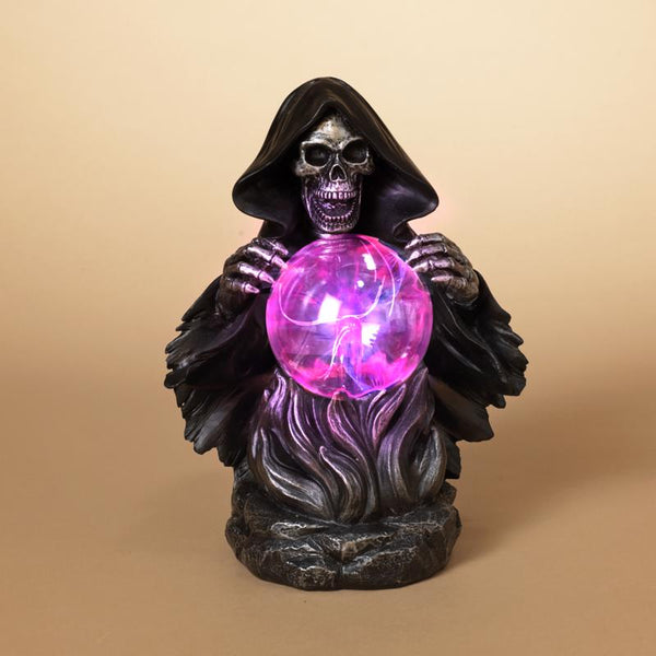 Figura decorativa de Halloween de Gerson de 10,75 pulgadas con forma de parca y bola mágica