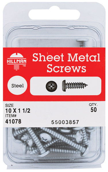 Hillman No. 10 x 1-1/2 in. L Phillips Pan Head Zinc-Plated Steel Sheet Metal Screws 50 pk (Pack of 5)
