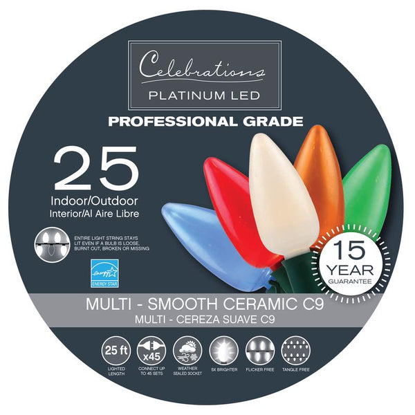 Cadena de luces navideñas de 25 unidades, multicolor, LED C9, platino, 24 pies