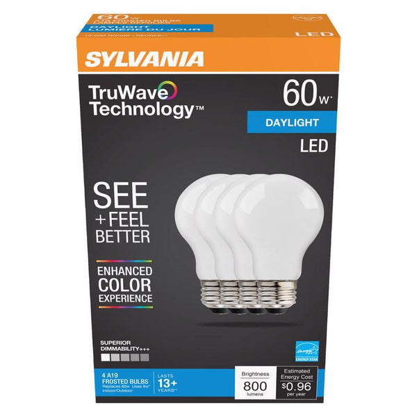 Bombilla LED Sylvania TruWave A19 E26 (mediana), luz diurna, equivalente a 60 vatios, paquete de 4