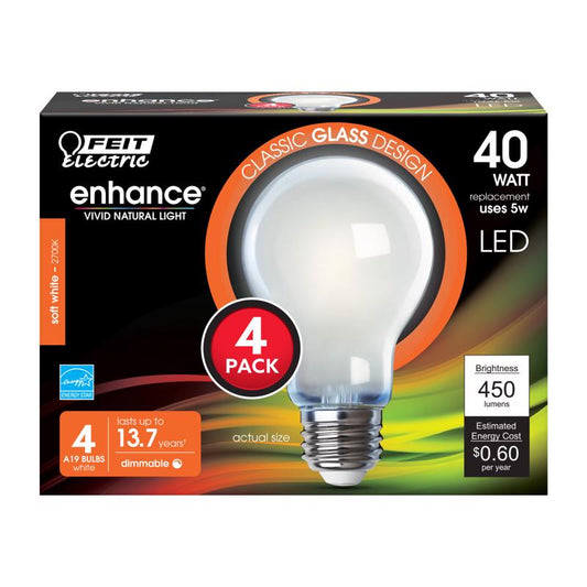Feit Enhance A19 E26 (Medium) Filament LED Bulb Soft White 40 Watt Equivalence 4 pk