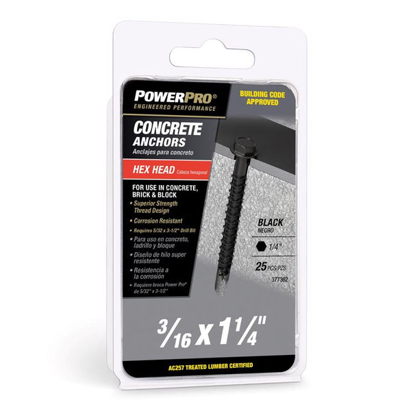 Anclaje de tornillo para concreto Power Pro de cabeza hexagonal de acero al carbono de 3/16 pulg. de diámetro x 1-1/4 pulg. de largo, 25 piezas - Caja abierta