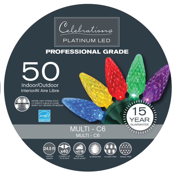 Cadena de luces navideñas Celebrations Platinum LED C6 multicolor de 50 unidades, 24,5 pies.