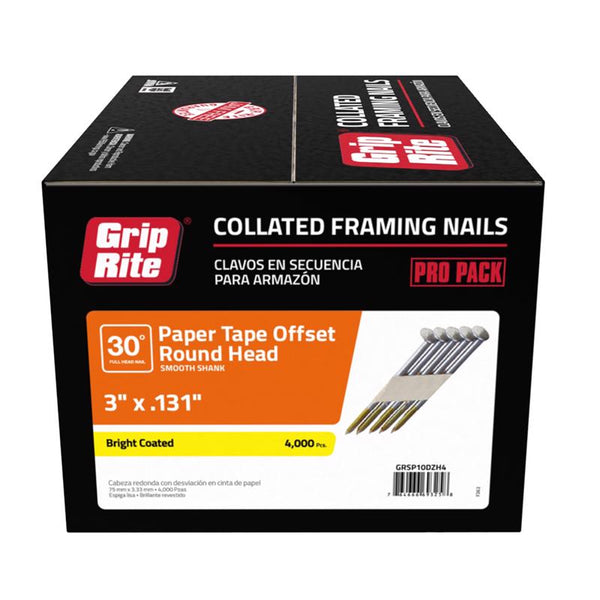 Clavos para marcos Grip-Rite en ángulo de 3 pulgadas, brillantes, 30 grados, paquete de 4000