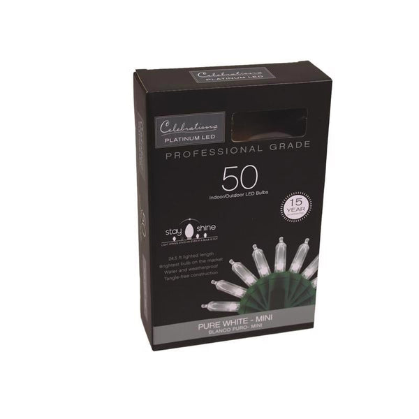 Cadena de luces navideñas Celebrations Platinum LED T5 de color blanco puro, 50 unidades, 25 pies.