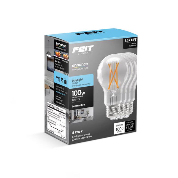 Bombilla LED de filamento Feit A19 E26 (mediana), luz diurna, equivalente a 100 vatios, paquete de 4