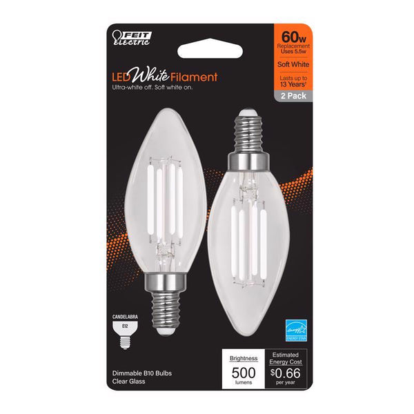 Feit White BA10 E12 (Candelabra) Filament LED Bulb Soft White 60 Watt Equivalence 2 pk