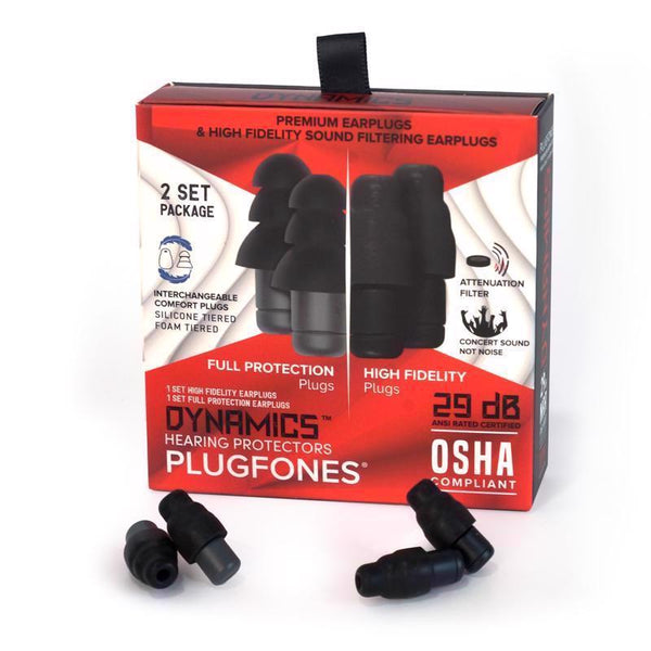 Protector auditivo Plugfones Dynamics 29 dB de nailon, silicona y espuma suave, con tres bridas, negro y gris, 2 pares