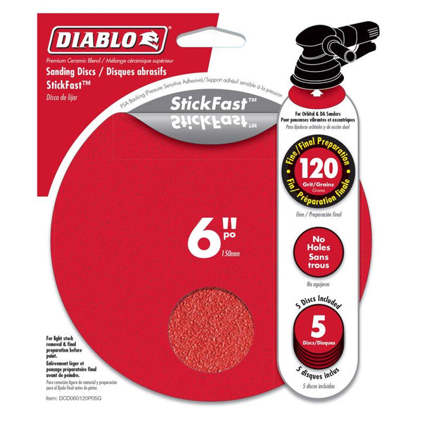 Disco de lijado orbital aleatorio adhesivo de mezcla de cerámica Diablo de 6 in, grano 120, paquete de 5