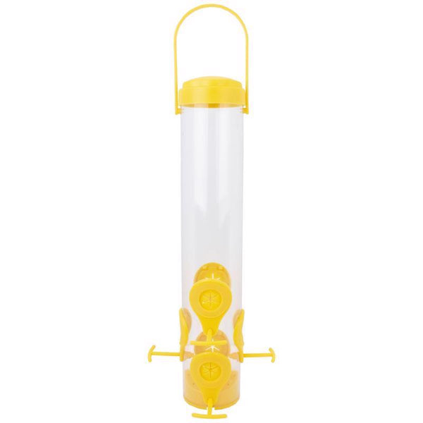 Comedero para pájaros Perky-Pet Finch de 1.5 lb con tubo de vidrio/metal y 6 puertos - Oferta de la semana