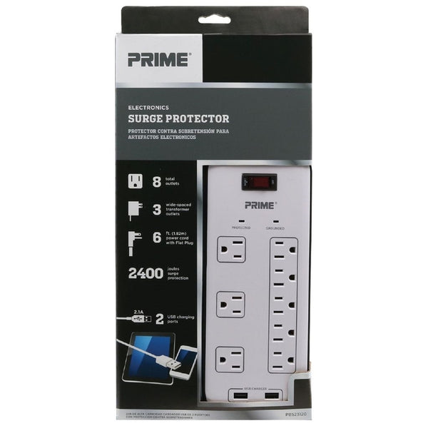 Protector contra sobretensiones Prime de 6 pies de largo, 8 tomas de corriente con puerto USB, color blanco, 2400 J
