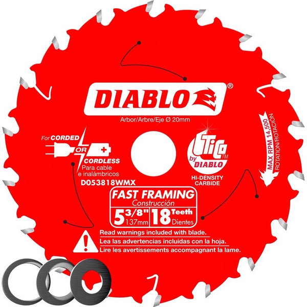 Hoja de sierra de enmarcado rápido de carburo Diablo de 5-3/8 pulg. de diámetro x 20 mm, 18 dientes, paquete de 1