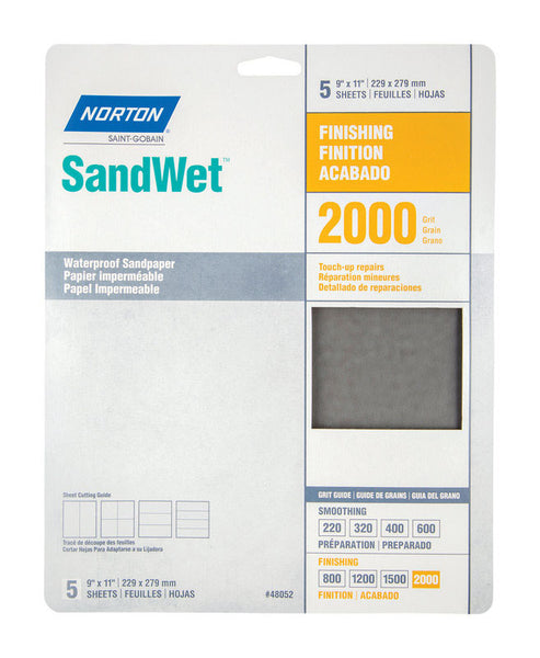 Papel de lija resistente al agua de óxido de aluminio Norton SandWet de 11 pulg. de largo y 9 pulg. de ancho, grano 2000, paquete de 5