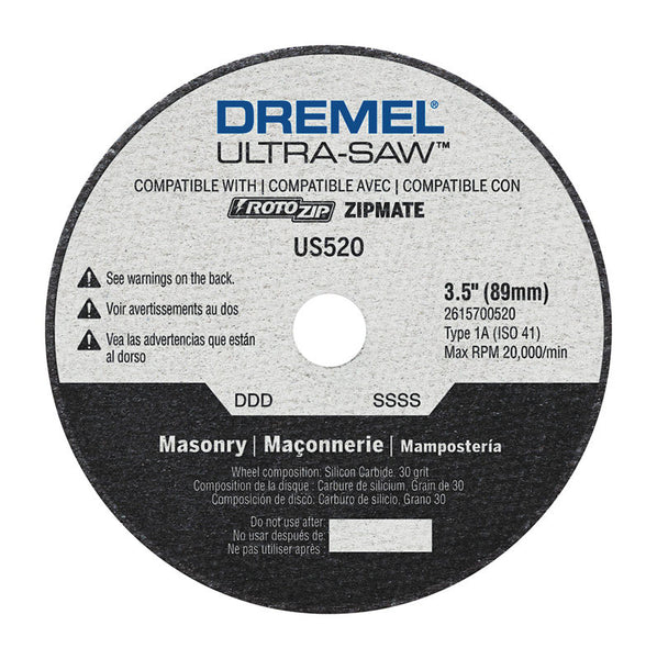 Disco de corte para mampostería de carburo de silicio Dremel Ultra-Saw de 3-1/2 pulg. de diámetro exterior y 1/2 pulg., paquete de 1