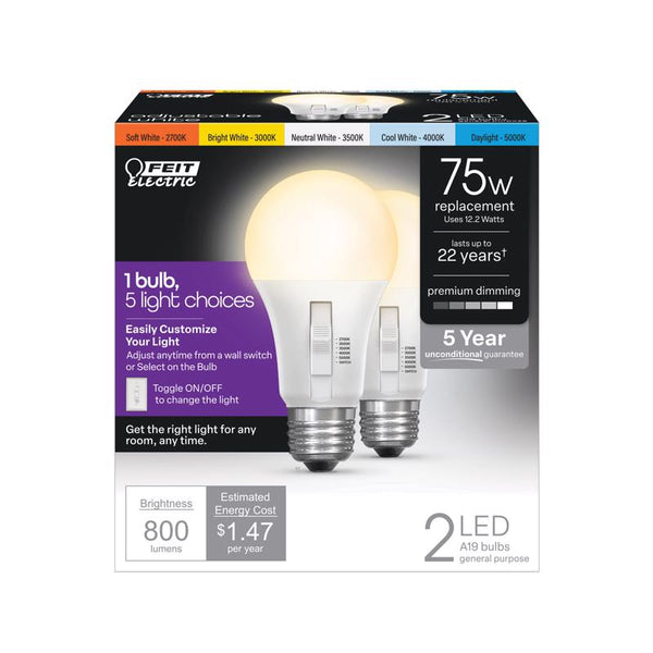 Feit LED A19 E26 (Medium) LED Light Bulb Tunable White/Color Changing 75 Watt Equivalence 2 pk