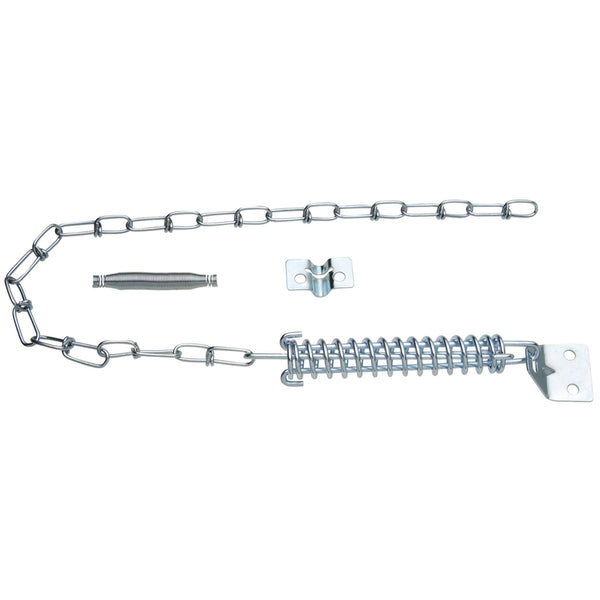 Tope de puerta plateado galvanizado de acero de 3,55 in de longitud de National Hardware. Se monta en la puerta.