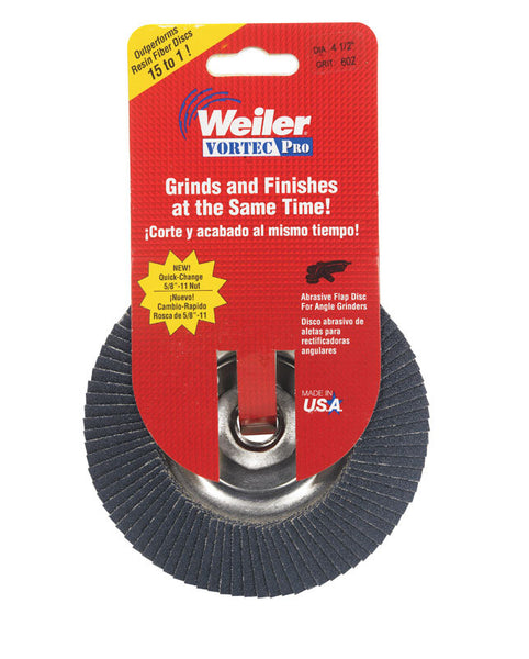 Disco de láminas de circonio tipo 29 Weiler Vortec Pro de 4-1/2 pulg. de diámetro exterior y 7/8 pulg., grano 60, 1 pieza
