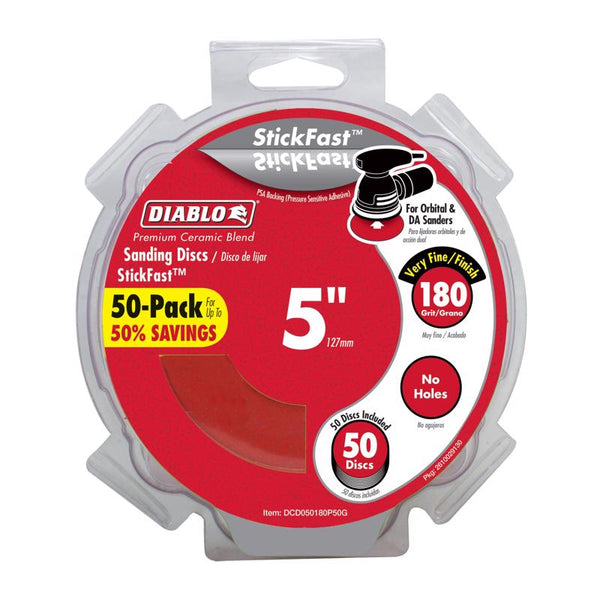 Disco de lijado adhesivo de mezcla de cerámica Diablo StickFast de 5 in, grano 180, muy fino, paquete de 50