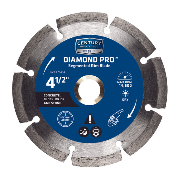 Hoja de diamante segmentada con borde de 4-1/2 pulg. de diámetro exterior de 5/8 pulg. y 7/8 pulg. de Century Drill & Tool, paquete de 1