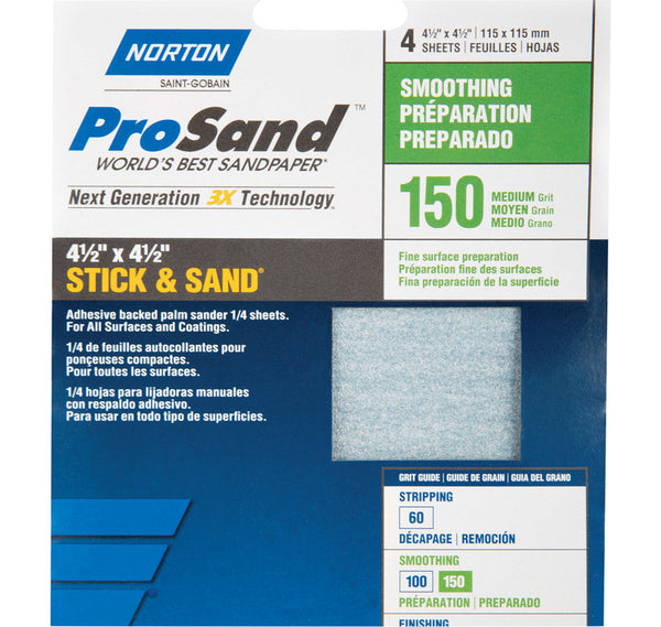 Hoja de lija de óxido de aluminio Norton ProSand de 4-1/2 pulg. LX 4-1/2 pulg. W, grano 150, paquete de 4