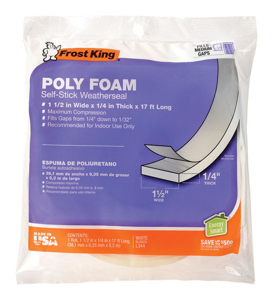 Burlete de espuma de polietileno blanca Frost King para puertas y ventanas, 17 pies de largo, 0,25 pulg.