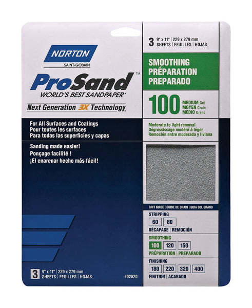 Papel de lija de óxido de aluminio Norton ProSand de 11 pulg. de largo y 9 pulg. de ancho, grano 100, paquete de 3