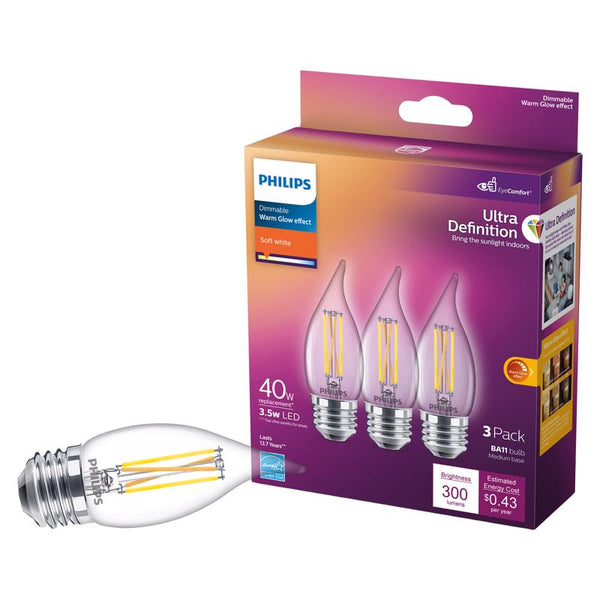 Bombilla LED Philips Ultra Definition BA11 E26 (mediana), luz blanca suave, equivalente a 40 vatios, paquete de 3