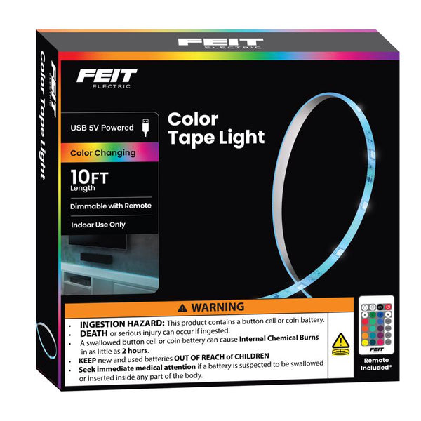 Cinta de luz LED enchufable multicolor Feit de 10 pies de largo, paquete de 1