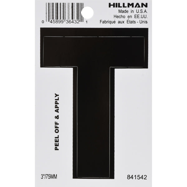 Hillman 3 in. Black Vinyl Self-Adhesive Letter T 1 pc (Pack of 6)