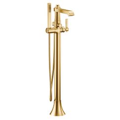 Brushed gold one-handle tub filler includes hand shower