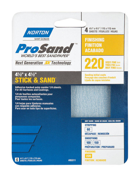 Hoja de lija de óxido de aluminio Norton ProSand de 4-1/2 pulg. LX 4-1/2 pulg. W, grano 220, paquete de 4
