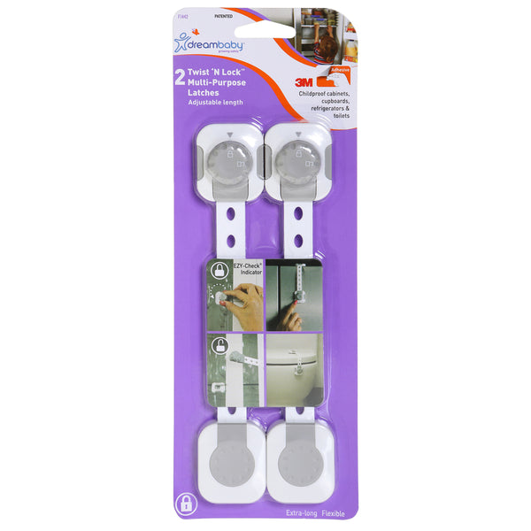 Pestillo adhesivo multiusos de plástico Dreambaby Twist 'N Lock gris/blanco, paquete de 2