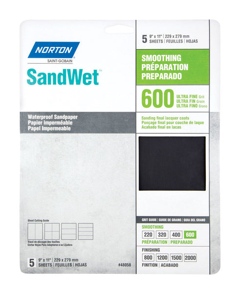 Papel de lija resistente al agua de óxido de aluminio Norton SandWet de 11 pulg. de largo y 9 pulg. de ancho, grano 600, paquete de 5
