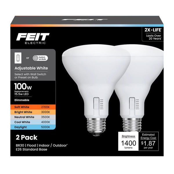 Bombilla LED Feit BR30 E26 (mediana), blanca ajustable, equivalente a 100 vatios, paquete de 2