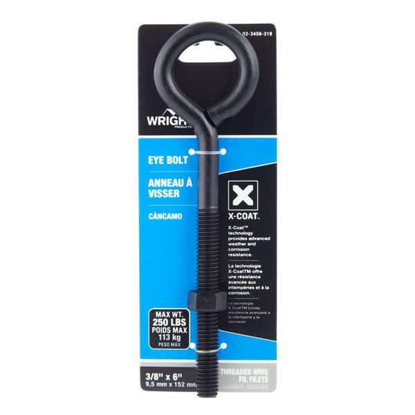 Tuerca de perno de ojo de acero negro Wright de 3/8 pulg. x 6 pulg. de largo incluida