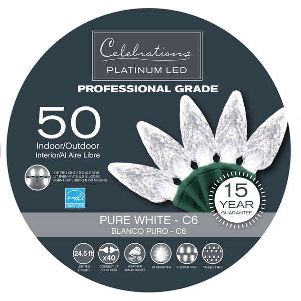 Cadena de luces LED C6 de 24,5 pies y 4,8 W de color blanco puro y constante de Celebrations