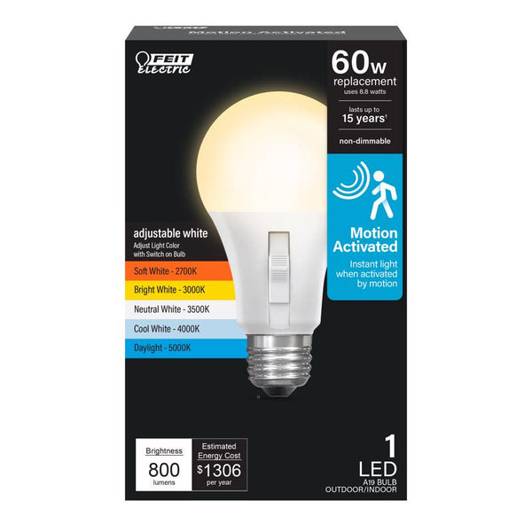 Bombilla LED Feit A19 E26 (mediana) activada por movimiento, blanca ajustable, equivalente a 60 vatios, paquete de 1