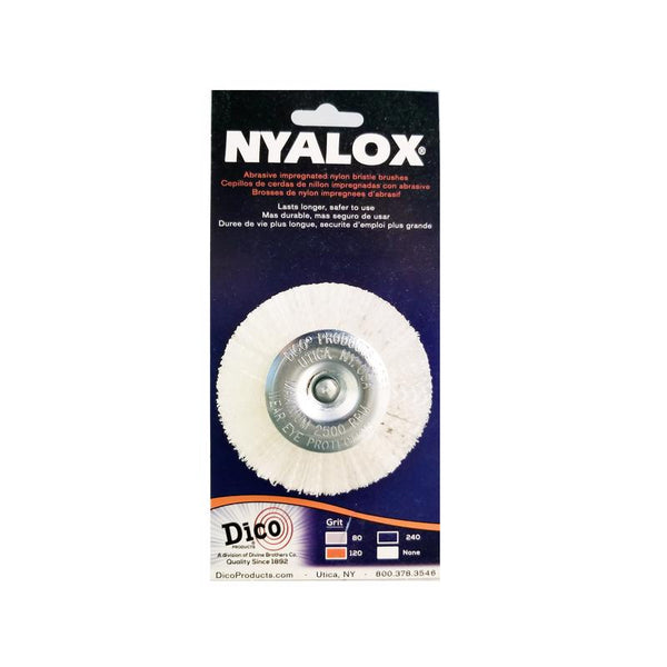 Cepillo de rueda montado en mandril de rizado fino Dico Nyalox de 3 pulg., nailon, 2500 rpm, 1 ud.