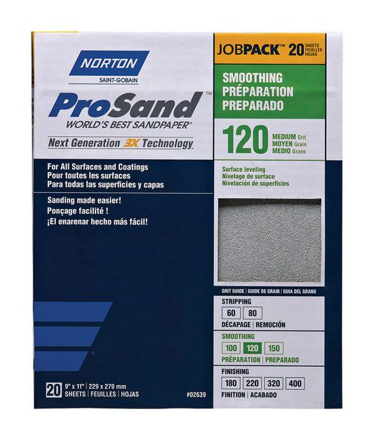 Norton ProSand 11 in. L x 9 in. W 120 Grit Medium Aluminum Oxide Sandpaper 20 pk