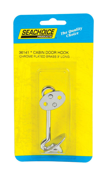 Gancho para puerta de cabina de latón cromado Seachoice de 3 pulg. de largo y 7,25 pulg. de ancho, paquete de 1