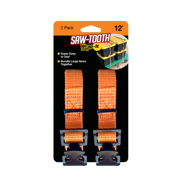 Correa de amarre con dientes de sierra Wrap-It de 1 pulg. de ancho x 12 pies de largo, color naranja, 180 lb, paquete de 2