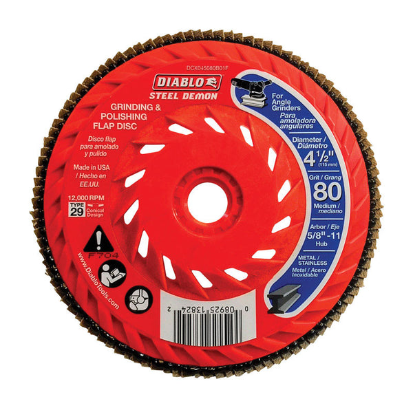 Disco de láminas Diablo Steel Demon de 4-1/2 pulg. de diámetro exterior y 5/8 pulg. de zirconia con eje de velocidad, grano 80, paquete de 1