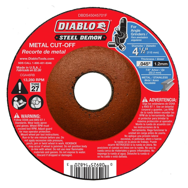 Disco de corte de acero para metal Diablo Steel Demon de 4-1/2 pulg. de diámetro x 7/8 pulg. de espesor, 1 pieza (paquete de 10)