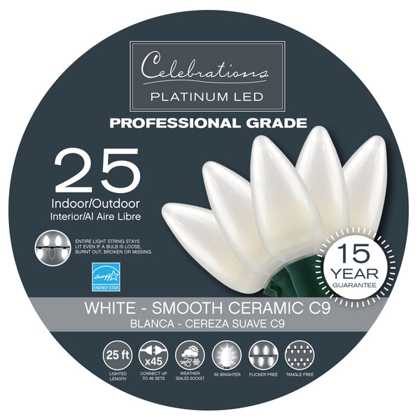 Cadena de luces navideñas de 25 pies, LED C9 blanco platino, 25 unidades