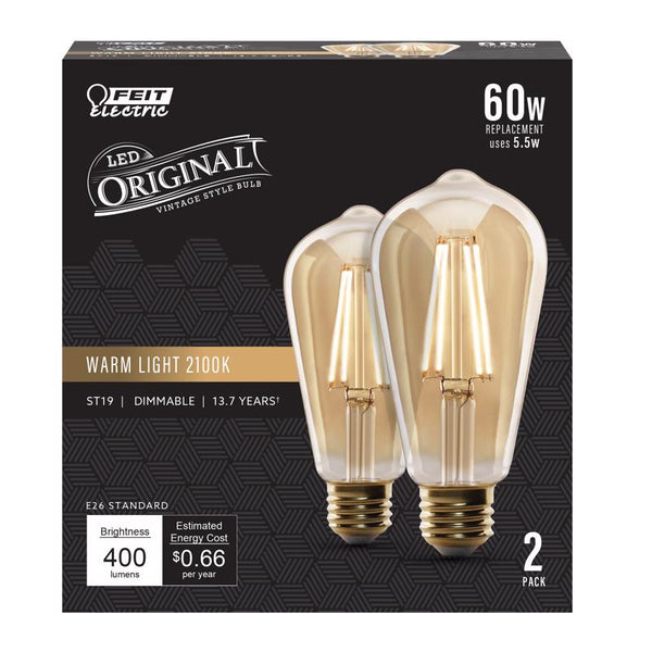 Bombilla LED de filamento Feit ST19 E26 (mediana), color ámbar cálido, equivalente a 60 vatios, paquete de 2