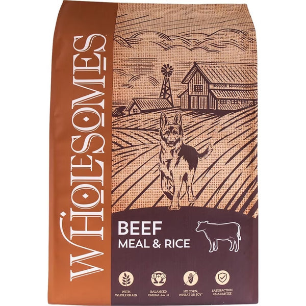 Alimento integral para perros adultos Wholesomes, con carne de res y arroz, 40 lb.