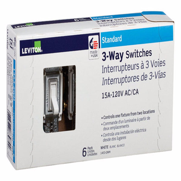 Interruptor silencioso de CA de tres polos Leviton de 15 amperios, color blanco, paquete de 6