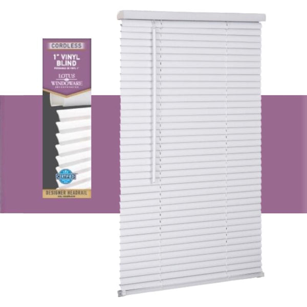 Persianas pequeñas de vinilo Living Accents de 1 pulgada, 25 pulgadas de ancho x 72 pulgadas de alto, color blanco, sin cables