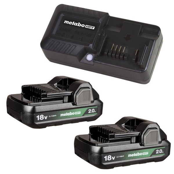 Kit de inicio de batería y cargador de iones de litio Metabo HPT 18 V 2 Ah, 3 piezas